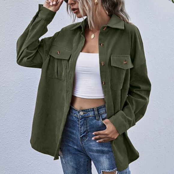 Green Boyfriend fit oversized shacket jacket corduroy Minimalist - Picture 14 of 16